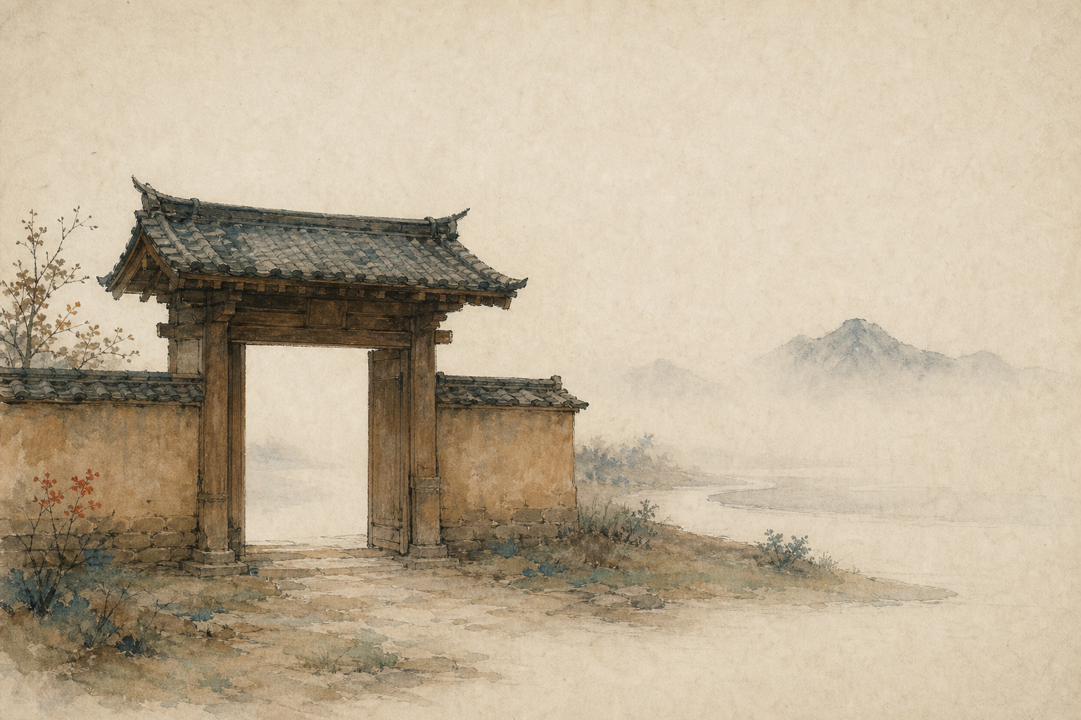 A weathered timber gate in a low tiled wall opens toward a pale river and distant mountains dissolving into watercolor mist.