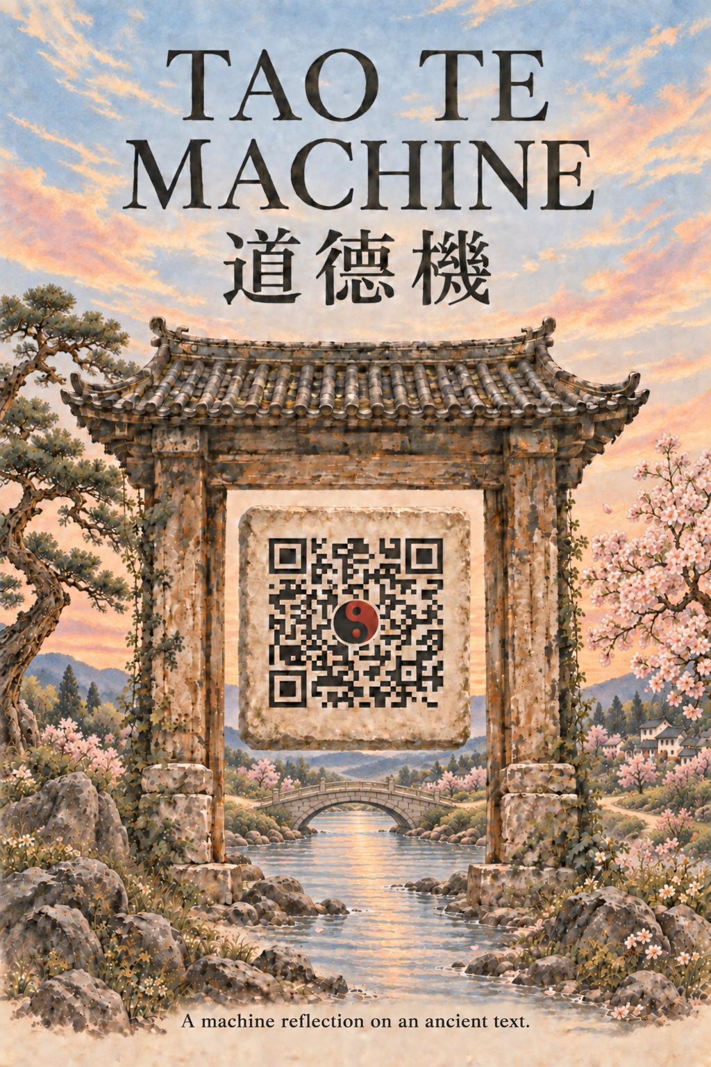 Tao Te Machine: a weathered stone gateway above a river, with a scannable code for TaoTeMachine.com set in the gate.